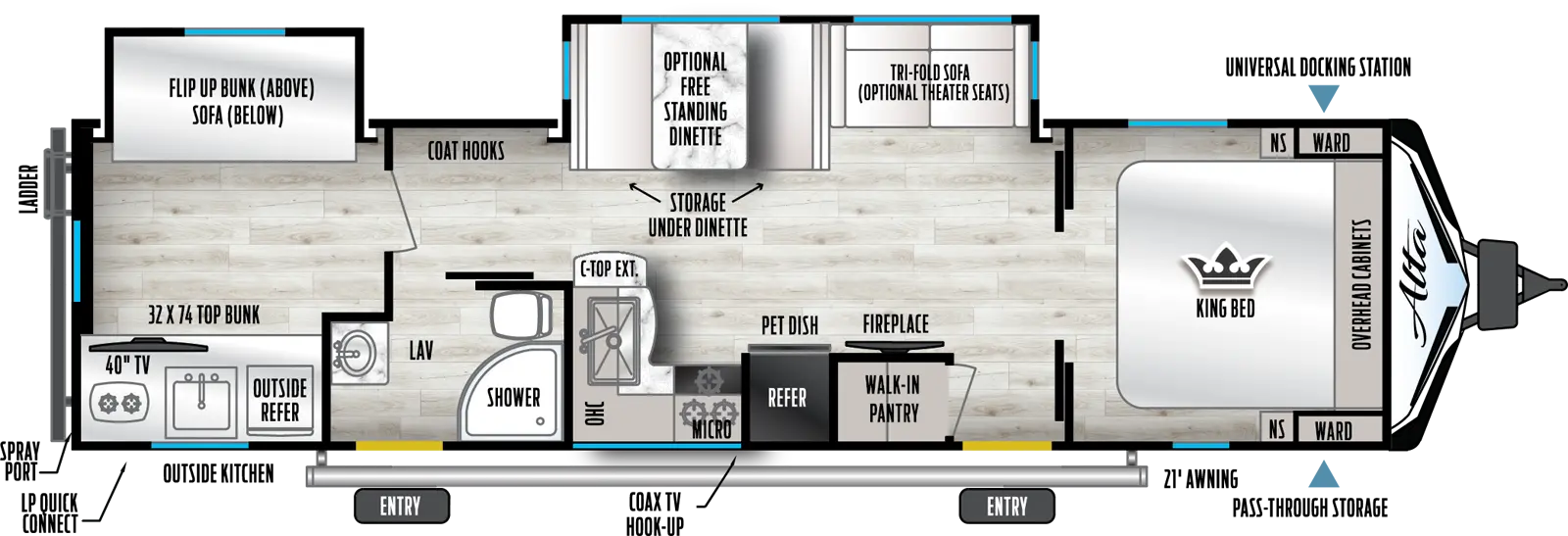 Has a super slide on the off-door-side with a sleeper sofa and booth that can be optioned with theater seats IPO the sofa or table and chairs IPO the booth as well as a small slide in the rear of the unit on the off-door side that has a Jack Knife sofa in it with a fold down bunk above. There are two entry doors on the awing or door-side of the unit. Layout from front to back- King size bed that runs north and south, with French style sliders that open into the living/kitchen area. To the right or off-door side is the super slide and to the door-side is the main entry and a pantry/closet. Followed by the refer, range with the microwave above in an L-shaped kitchen with overheads on the door-side. Moving towards the rear of the unit along the off-door-side past the super slide and down a hall on the door-side is a side isle bath with a secondary entry, neo angle shower, vanity and porcelain toilet. Further down the hall towards the rear of the unit is a door that opens into the bunk room with the slide on the off-door side. Across from the slide on the door-side of the unit is an entertainment center with a place for a TV and storage with a bunk above.
